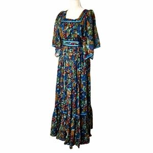 Vintage Candi Jones Floral Print Maxi Hippie Dress with Kimono Sleeves, …